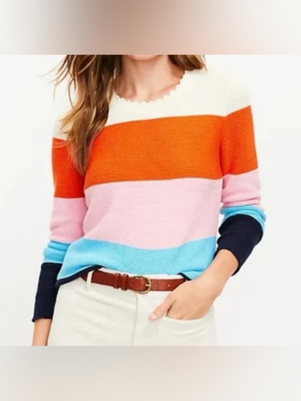 LOFT Striped Scallop Crewneck Sweater in Orange, Pink, Blue, Navy & Cream Size M